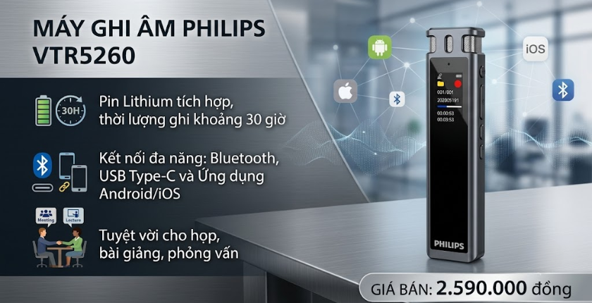 máy ghi âm Philips VTR5260 khử nhiễu